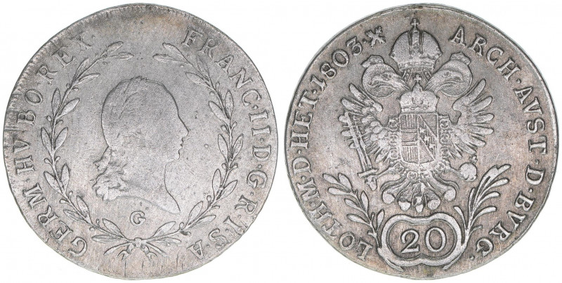 Franz II. (I.) 1792-1835
20 Kreuzer, 1803 G. Nagybanya
6,55g
ANK 40
ss