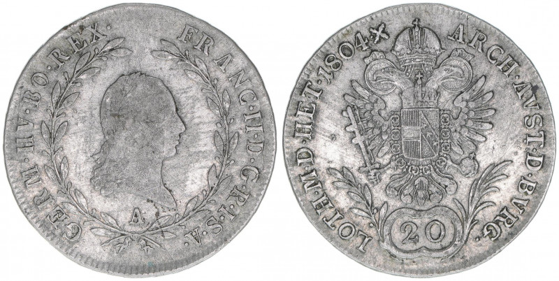 Franz II. (I.) 1792-1835
20 Kreuzer, 1804 A. Wien
6,59g
ANK 41
ss
