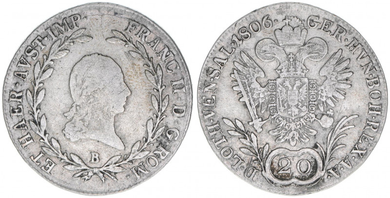 Franz II. (I.) 1792-1835
20 Kreuzer, 1806 B. Kremnitz
6,56g
ANK 41
ss