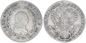Franz II. (I.) 1792-1835
20 Kreuzer, 1806 B. Kremnitz
6,56g
ANK 41
ss