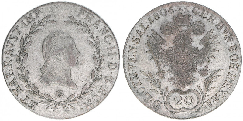 Franz II. (I.) 1792-1835
20 Kreuzer, 1806 G. Nagybanya
6,60g
ANK 41
ss