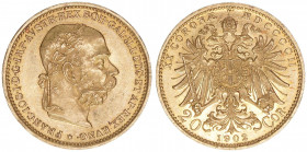 Franz Joseph I. 1848-1916
20 Kronen, 1902. Gold
Wien
6,77g
ANK 24
vz/stfr