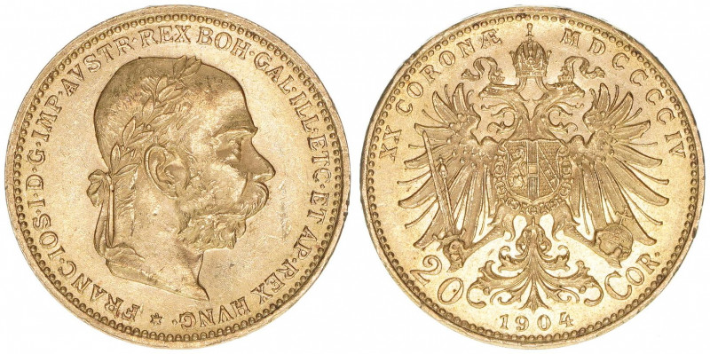 Franz Joseph I. 1848-1916
20 Kronen, 1904. Gold
Wien
6,77g
ANK 24
vz/stfr