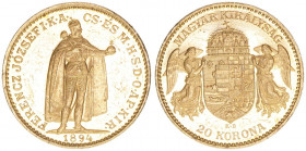 Franz Joseph I. 1848-1916
20 Corona, 1894 KB. Gold
Kremnitz
6,78g
ANK 39
vz+