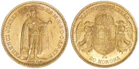 Franz Joseph I. 1848-1916
20 Corona, 1906 KB. Gold
Kremnitz
6,76g
ANK 39
stfr