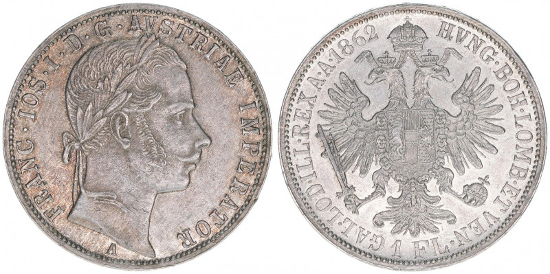 Franz Joseph I. 1848-1916
1 Gulden, 1862 A. Wien
12,34g
ANK 28
vz/stfr