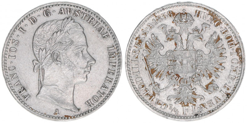 Franz Joseph I. 1848-1916
1/4 Gulden, 1858 A. Wien
5,34g
J.326
vz