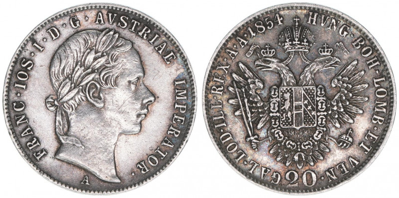 Franz Joseph I. 1848-1916
20 Kreuzer, 1854 A. Wien
4,30g
J.294
vz-