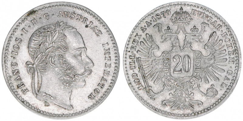 Franz Joseph I. 1848-1916
20 Kreuzer, 1870. Wien
2,59g
J.340
stfr-
