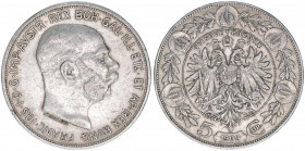 Franz Joseph I. 1848-1916
5 Kronen, 1909. mit Medailleurnamen ST.SCHWARTZ unter dem Kopfbild
Wien
24,00g
ANK 74
ss/vz