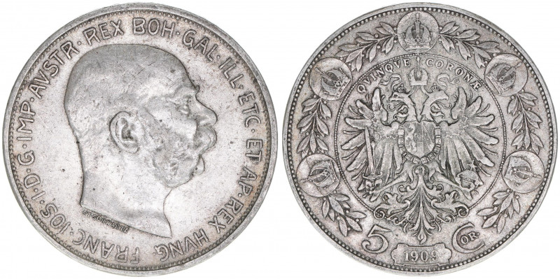 Franz Joseph I. 1848-1916
5 Kronen, 1909. mit Medailleurnamen ST.SCHWARTZ unter ...