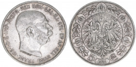 Franz Joseph I. 1848-1916
5 Kronen, 1909. mit Medailleurnamen ST.SCHWARTZ unter dem Kopfbild
Wien
23,97g
ANK 74
ss/vz