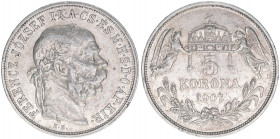 Franz Joseph I. 1848-1916
5 Korona, 1907 KB. Kremnitz
23,97g
ANK 108
ss+