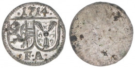 Franz Anton Fürst von Harrach 1709-1727
Erzbistum Salzburg. Pfennig, 1714. Salzburg
0,30g
Zöttl 2509, Probszt 2092
vz/stfr