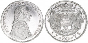 Hieronymus Graf Colloredo 1772-1803
Erzbistum Salzburg. 20 Kreuzer, 1778. Salzburg
6,65g
Zöttl 3268, Probszt 2476
stfr