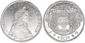 Hieronymus Graf Colloredo 1772-1803
Erzbistum Salzburg. 20 Kreuzer, 1780. Salzburg
6,66g
Zöttl 3270, Probszt 2478
vz/stfr