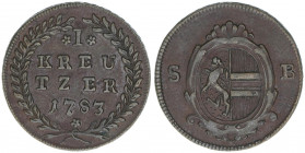 Hieronymus Graf Colloredo 1772-1803
Erzbistum Salzburg. 1 Kreuzer, 1783. Salzburg
5,48g
Zöttl 3343, Probszt 2548
vz/stfr