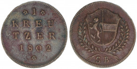 Hieronymus Graf Colloredo 1772-1803
Erzbistum Salzburg. 1 Kreuzer, 1802. Salzburg
5,91g
Zöttl 3357, Probszt 2561a
vz/stfr