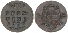 Hieronymus Graf Colloredo 1772-1803
Erzbistum Salzburg. 2 Pfennige, 1777. Salzburg
2,74g
Zöttl 3359, Probszt 2562
vz