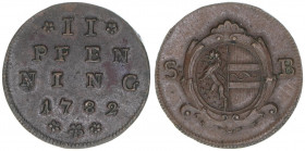 Hieronymus Graf Colloredo 1772-1803
Erzbistum Salzburg. 2 Pfennige, 1782. Salzburg
3,07g
Zöttl 3361, Probszt 2564
vz/stfr