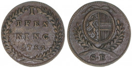 Hieronymus Graf Colloredo 1772-1803
Erzbistum Salzburg. Pfennig, 1789. Salzburg
1,41g
Zöttl 3388, Probszt 2587
vz/stfr
