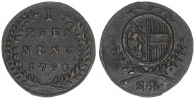 Hieronymus Graf Colloredo 1772-1803
Erzbistum Salzburg. Pfennig, 1790. Salzburg
1,44g
Zöttl 3389, Probszt 2588
vz/stfr