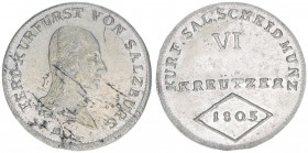 Kurfürst Erzherzog Ferdinand 1803-1806
Salzburg. 6 Kreuzer, 1805. Salzburg
2,81g
Zöttl 3419, Probszt 2614
vz/stfr