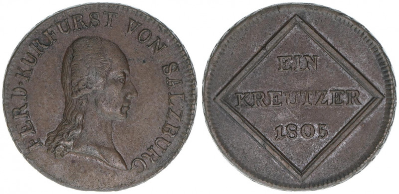 Kurfürst Erzherzog Ferdinand 1803-1806
Salzburg. 1 Kreuzer, 1805. Salzburg
5,97g...