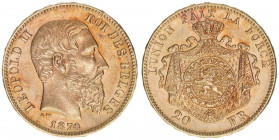 Leopold II. 1865-1909
Belgien. 20 Francs, 1870. Gold
6,42g
KM#32
vz-