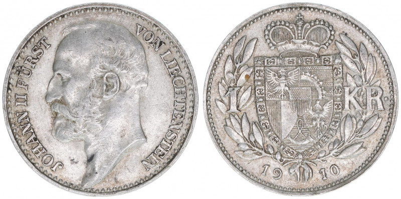 Johann II. 1858-1929
Liechtenstein. 1 Krone, 1910. Silber
5,00g
Schön 2
ss/vz