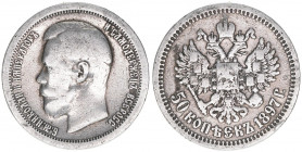 Nikolaus II. 1894-1917
Rußland. 50 Kopeken, 1897. Silber
9,78g
Kahnt/Schön 146
s+