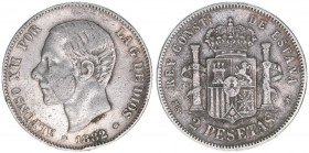 Alfonso XII.
Spanien. 2 Pesetas, 1882. 9,84g
Kahnt/Schön 165
ss