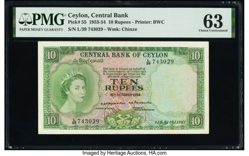 Ceylon Central Bank of Ceylon 10 Rupees 16.10.1954 Pick 55 PMG Choice Uncirculat...