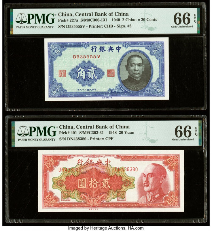 China Central Bank of China 2 Chiao = 20 Cents 1940 Pick 227a S/M#C300-131 PMG G...