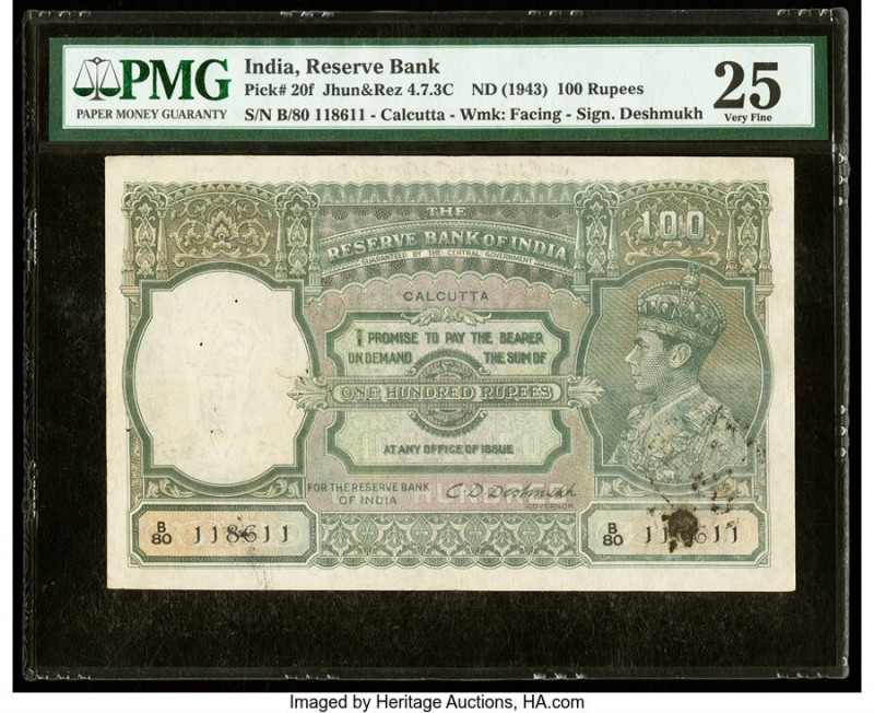 India Reserve Bank of India 100 Rupees ND (1943) Pick 20f Jhun4.7.3C PMG Very Fi...