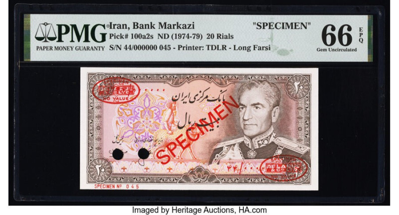 Iran Bank Markazi 20 Rials ND (1974-79) Pick 100a2s Specimen PMG Gem Uncirculate...