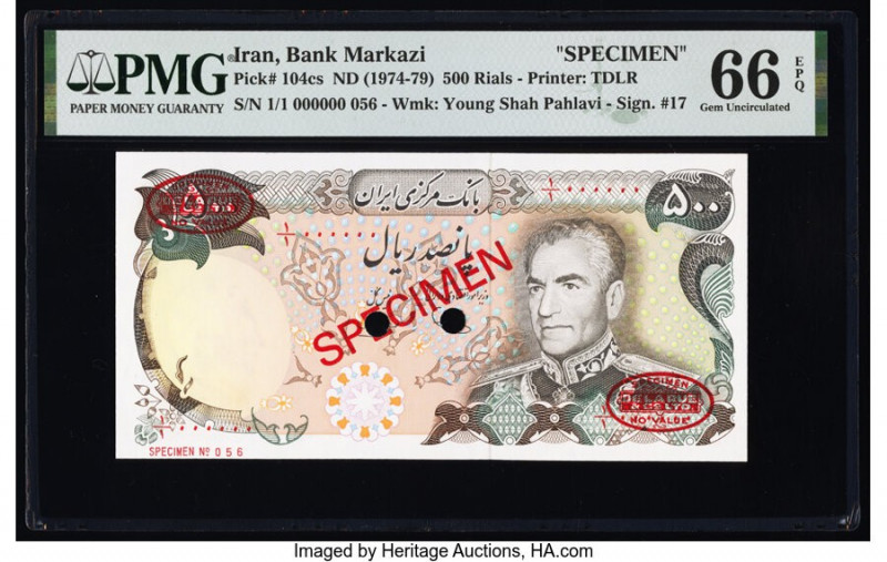 Iran Bank Markazi 500 Rials ND (1974-79) Pick 104cs Specimen PMG Gem Uncirculate...