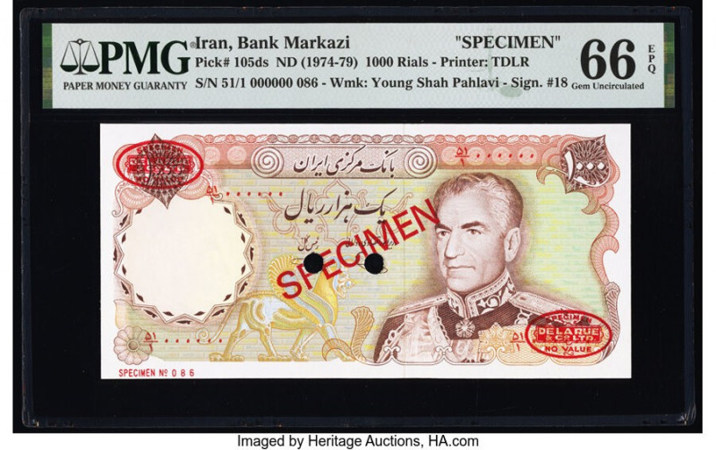 Iran Bank Markazi 1000 Rials ND (1974-79) Pick 105ds Specimen PMG Gem Uncirculat...