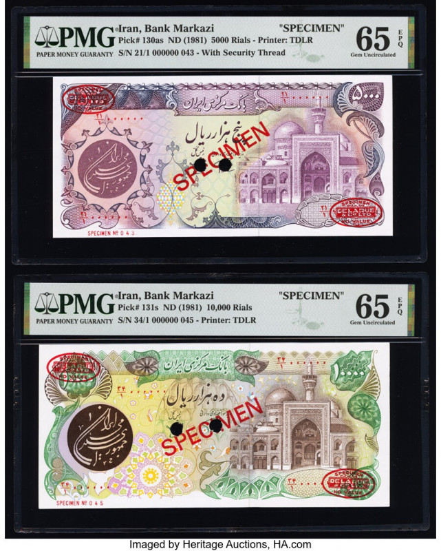 Iran Bank Markazi 5000; 10,000 Rials ND (1981) Pick 130as; 131s Two Specimen PMG...