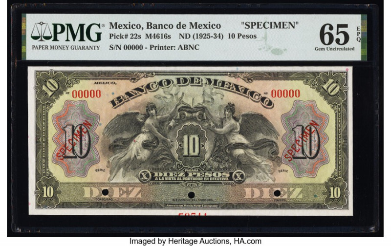 Mexico Banco de Mexico 10 Pesos ND (1925-34) Pick 22s Specimen PMG Gem Uncircula...