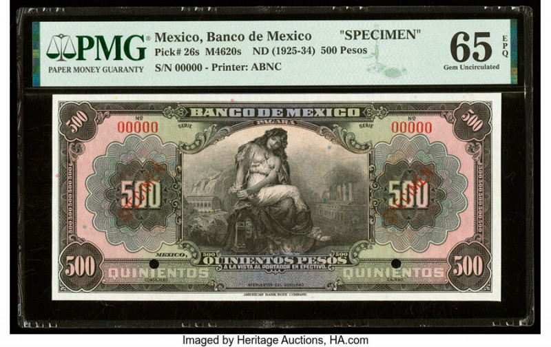 Mexico Banco de Mexico 500 Pesos ND (1925-34) Pick 26s Specimen PMG Gem Uncircul...