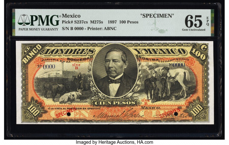 Mexico Banco de Londres y Mexico 100 Pesos 1897 Pick S237cs Specimen PMG Gem Unc...