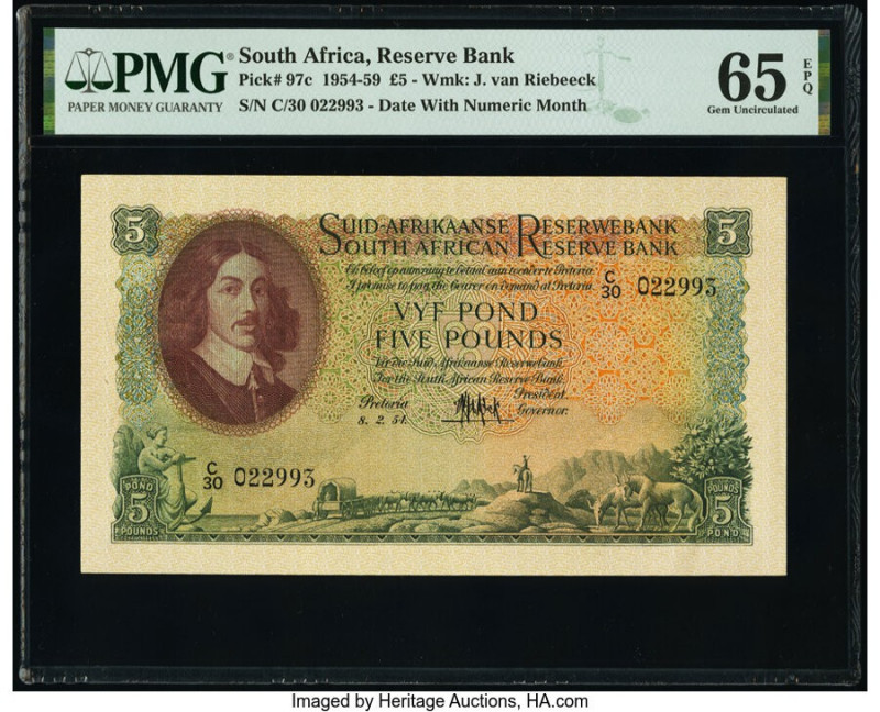 South Africa South African Reserve Bank 5 Pounds 8.2.1954 Pick 97c PMG Gem Uncir...