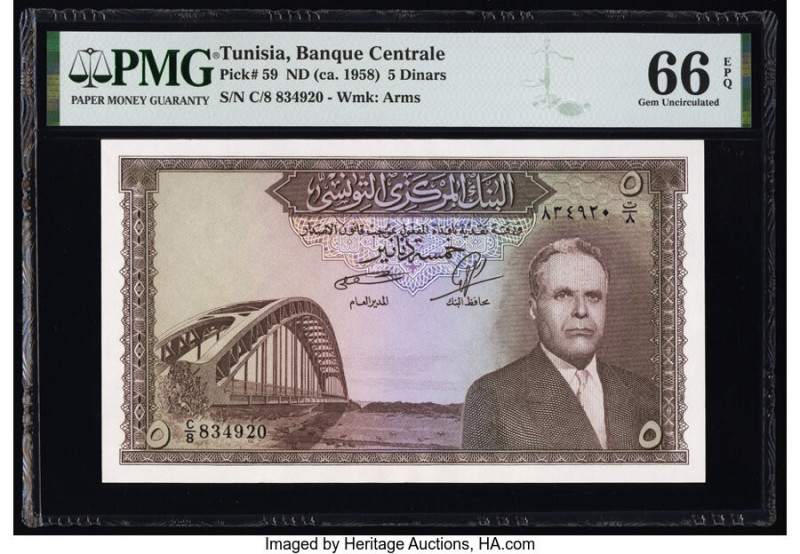 Tunisia Banque Centrale 5 Dinars ND (ca. 1958) Pick 59 PMG Gem Uncirculated 66 E...