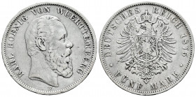 Germany. Wurttemberg. Wilhelm II. 5 mark. 1875. Freudenstadt. F. (Km-623). Ag. 27,39 g. Almost VF. Est...35,00. 

Spanish Description Alemania. Wurt...