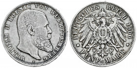 Germany. Wurttemberg. Wilhelm II. 5 mark. 1900. Stuttgart. F. (Km-632). Ag. 27,55 g. Hairlines. Almost VF/VF. Est...40,00. 

Spanish Description Ale...
