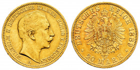 Germany. Wilhelm II. 20 mark. 1889. Berlin. A. (Km-2830). (Fried-516). Au. 7,95 g. Choice VF/Almost XF. Est...350,00. 

Spanish Description Alemania...