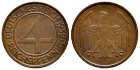 Germany. Weimar Republic. 4 Reichspfennig. 1932. Karlsruhe. G. (Km-75). (Jaeger-315). Ae. 4,99 g. Almost XF. Est...18,00. 

Spanish Description Alem...