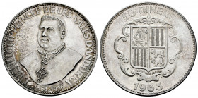 Andorra. 10 diners. 1963. (Km-no cita). (Km-M3). Ag. 28,13 g. Mint state. Est...60,00. 

Spanish Description Andorra. 10 diners. 1963. (Km-no cita)....