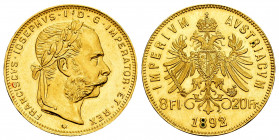 Austria. Franz Joseph I. 8 florins - 20 francs. 1892. (Km-2269). (Fried-502R). Au. 6,46 g. Official re-struck. Original luster. Mint state. Est...300,...